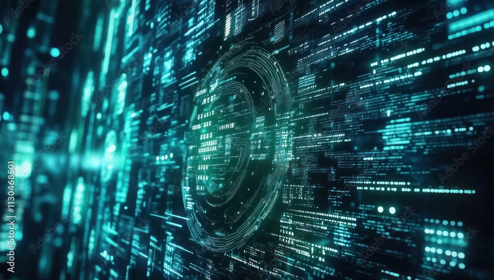 Obraz premium Abstract digital data stream with glowing teal HUD interface element.