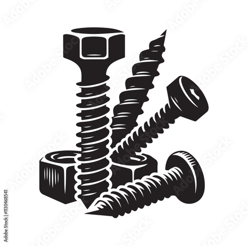 Screw bolt and nail Silhouette vector illustration