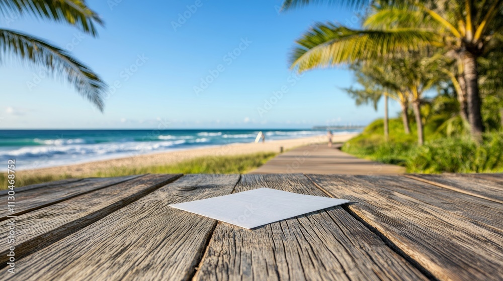 Fototapeta premium A coastal boardwalk along the Gold Coast, with palm trees swaying in the breeze and surfers visible in the rolling waves