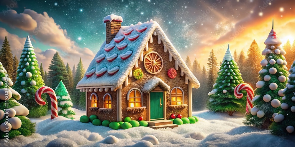 Fototapeta premium Whimsical Gingerbread House Surrounded by Snowy Trees with Icing and Lollies, Glowing Windows, and Smoke from Chimney in a Cozy Winter Wonderland Scene