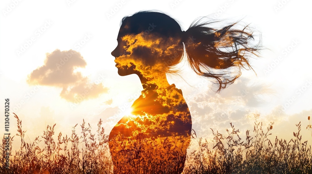 Naklejka premium Double exposure of woman silhouette with sunset and clouds