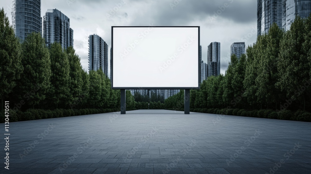 Fototapeta premium A martial law curfew announcement on a digital billboard, displayed above a deserted urban square under heavy military patrol 