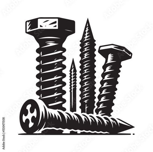 Screw bolt and nail Silhouette vector illustration