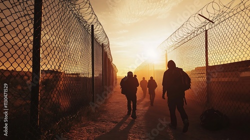 Depiction of migrant illegal border crossing at Mexico-US fence.