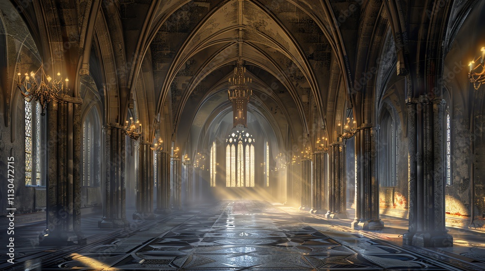 Fototapeta premium A long, stone hallway with arched ceilings and light streaming in from a large window at the end.