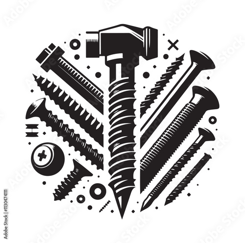 Screw bolt and nail Silhouette vector illustration