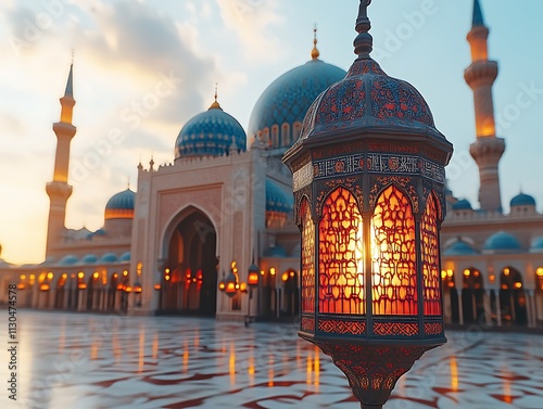 Illuminated Lantern Before a Majestic Mosque at Sunset photo