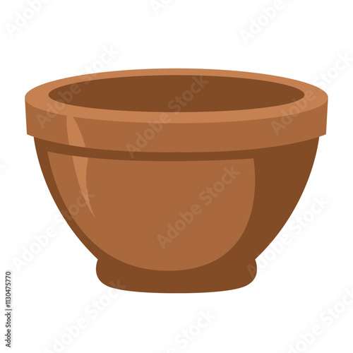 Brown ceramic pottery flower pot vector illustration, clay flowerpot clip art, brown bowl container clipart image, isolated on white background