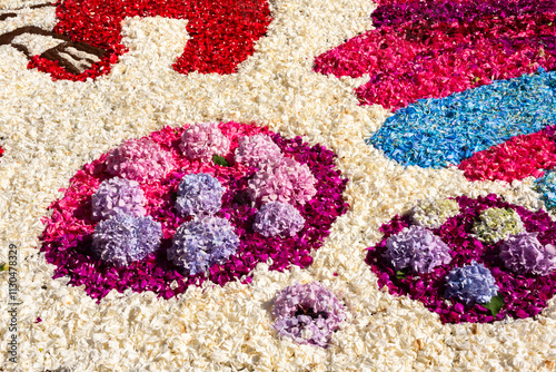 Flower petals carpet, decoration of multicolored cut flowers photo