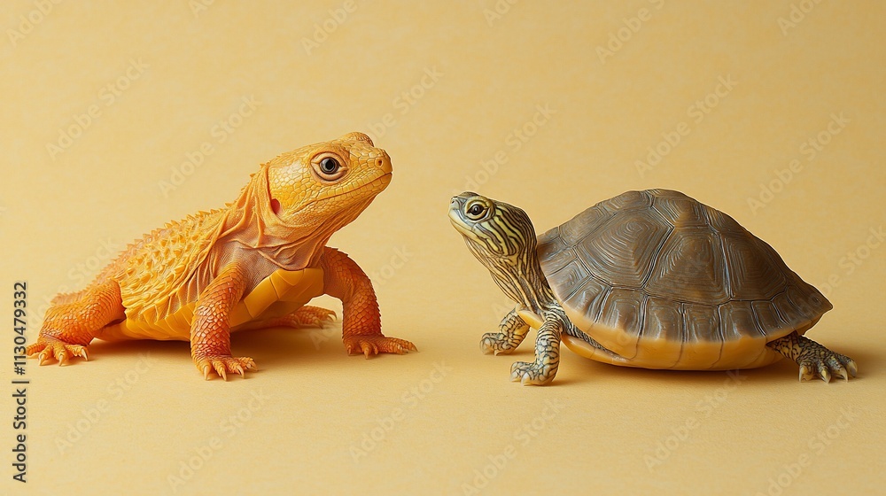 Obraz premium Orange bearded dragon and brown turtle facing each other on yellow background.
