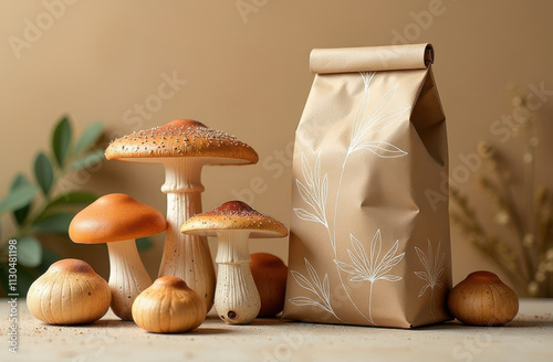 Mycelium mushrooms with eco packaging on beige background and natural decor photo