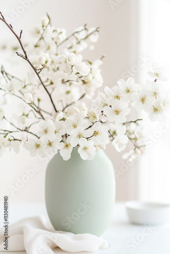 Delicate white flowers arranged in a simple vase bring a touch of tranquility to a beautifully lit interior space