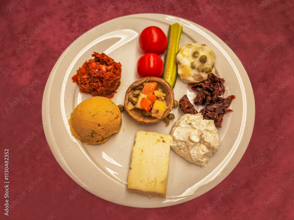 Hors d'oeuvre plate, white cheese, tomatoes, cucumber, haydari, Russian salad, pistachio paste, fava, artichoke with olive oil.