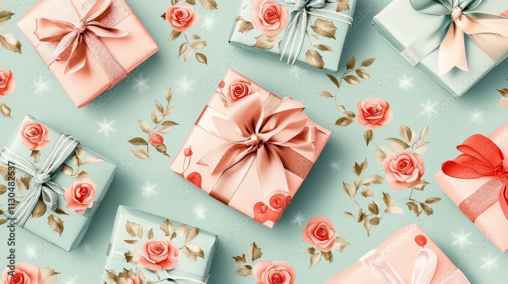 Fototapeta premium Elegant pastel pink gift boxes decorated with ribbons on a light background in a cozy festive atmosphere.