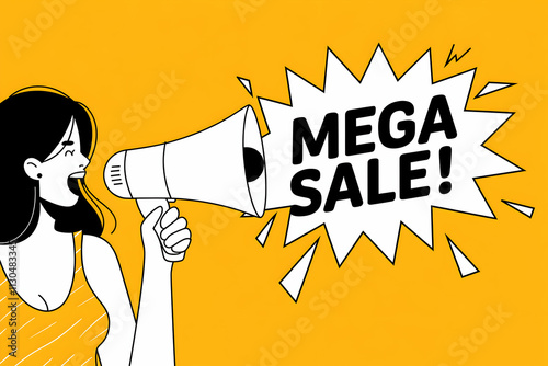 Woman with megaphone announces MEGA SALE in vibrant promotional setup
