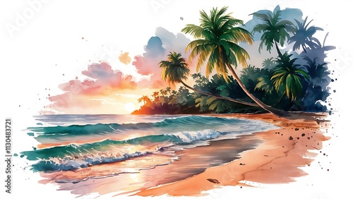 sunset beach paradise watercolor illustration for t-shirt design and various project, sunset paradise, AI Generative