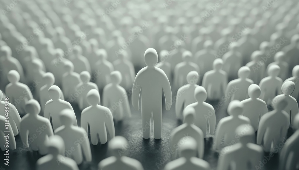 Fototapeta premium Standing Out From The Crowd A Single White Figure Rises Above a Sea of Identical Others
