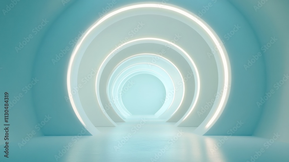 Fototapeta premium Geometric circular infinity tunnel, minimalist style, soft gradient lighting, abstract 3D render 