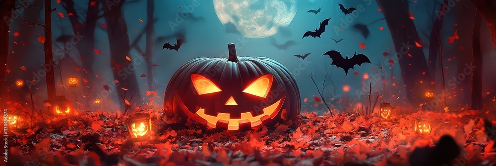 Fototapeta premium Halloween background with spooky pumpkin jack-o-lanterns at night. Halloween background for a Halloween party