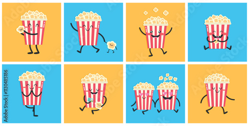 Cute cartoon popcorn characters set. Popcorn bucket mascot icon collection. Vector illustration