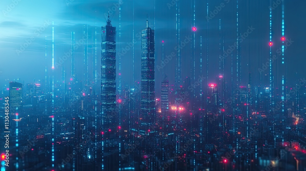 Obraz premium Futuristic taipei city skyline at night with digital rain effect