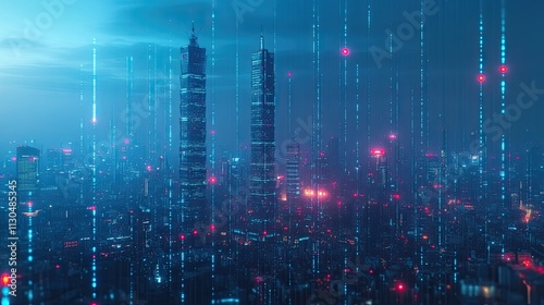 Futuristic taipei city skyline at night with digital rain effect photo