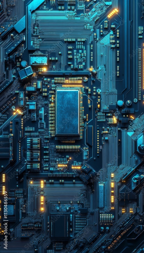 Fototapeta premium Futuristic Circuit Board, Modern Technology, Electronic Components Closeup, Blue and Orange