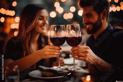 Close up of couple in love clinking glasses drinking wine having romantic dinner date celebrating. Valentines Day evening anniversary sitting at table at home or in restaurant