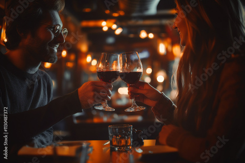 Close up of couple in love clinking glasses drinking wine having romantic dinner date celebrating. Valentines Day evening anniversary sitting at table at home or in restaurant