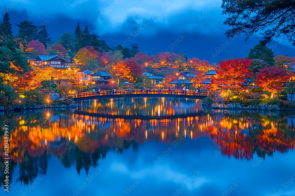 Fototapeta premium Kawaguchiko's autumn leaves at night, illuminated by lights and the colorful foliage of maple trees reflecting in the water below
