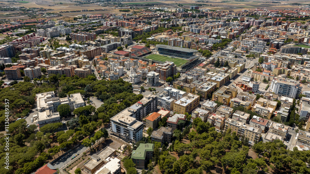 Obraz premium Aerial view of the Pino Zaccheria stadium in Foggia, Puglia, Italy. It is the city's municipal stadium and where the local football team plays.