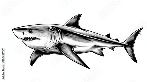 A black and white shark illustration in side view, flat vector style, white background photo