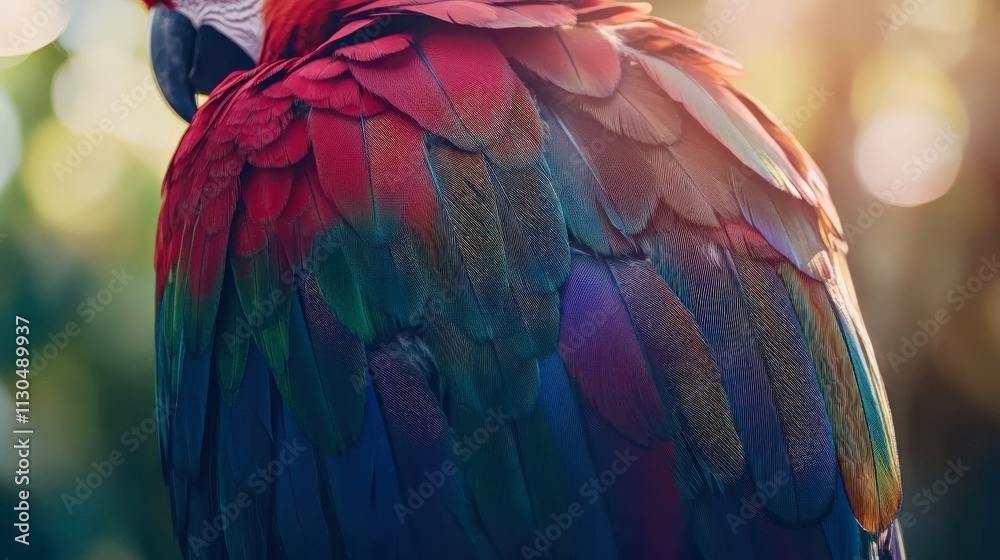 Obraz premium Close-up of a green-winged macaw feather, blending deep green and red with subtle blue highlights