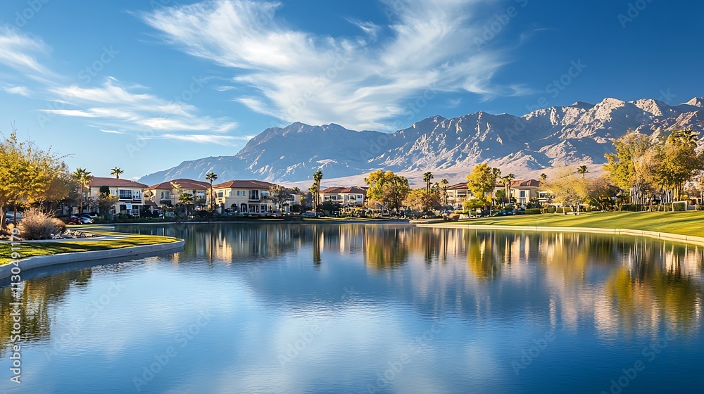 Obraz premium Scenic view of a serene lake surrounded by mountains and residential buildings under a blue sky.