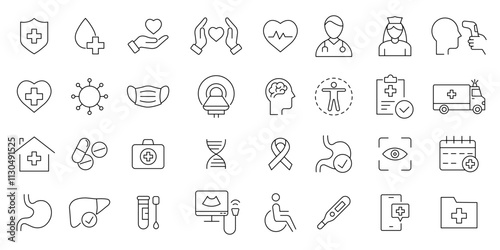 Healthcare icon set. containing treatment, prevention, medical, health, diagnosis, illness, injury . editable stroke thin outline icon collection .isolated on white background flat vector illustration