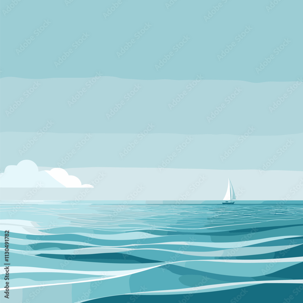 Naklejka premium Seascape: Sailboat on Calm Ocean Under a Pale Sky