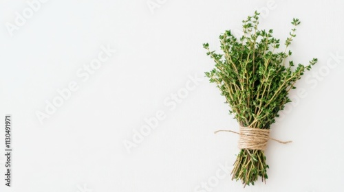 Close-up of a simple thyme bundle tied with rustic twine, displayed on white photo