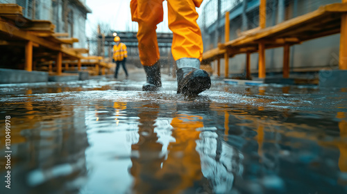 Worker in Orange Rain Gear Walking Through Puddle at Construction Site photo