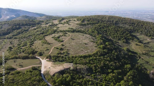 Aerial spring view of Rhodopes Mountain near town of Kuklen, Plovdiv Region, Bulgaria photo