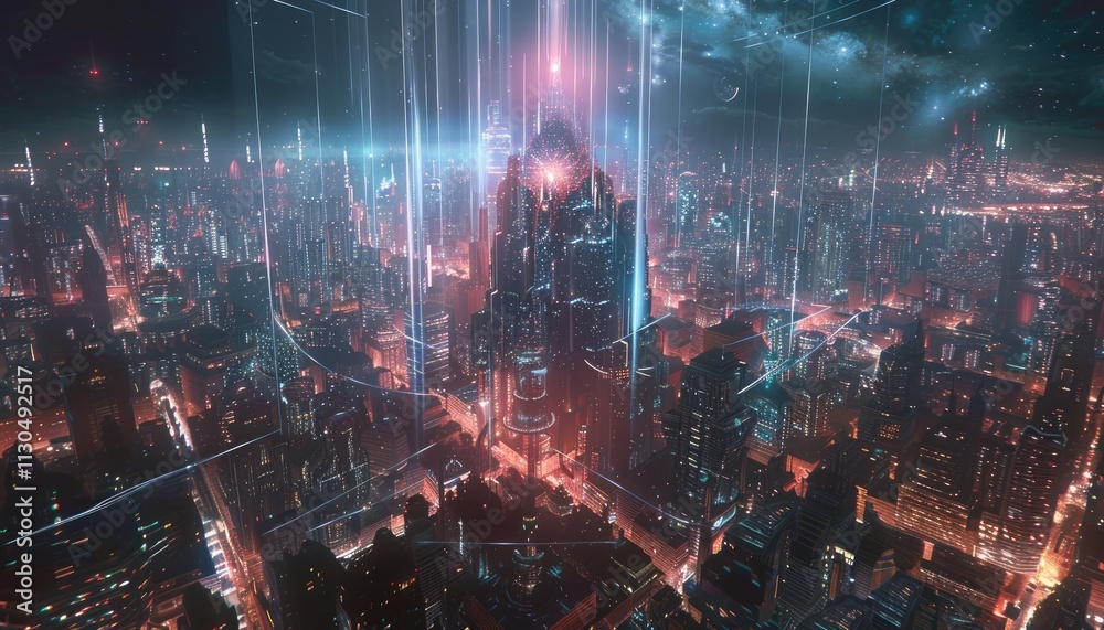 Fototapeta premium Futuristic Cityscape Night Lights Beams Illuminate Towers