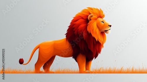A flat, 2D vector illustration of a lion standing in profile, minimalist design, bold clean lines, on a white backgroundLion enjoying nature at sunset in a cute cartoon style