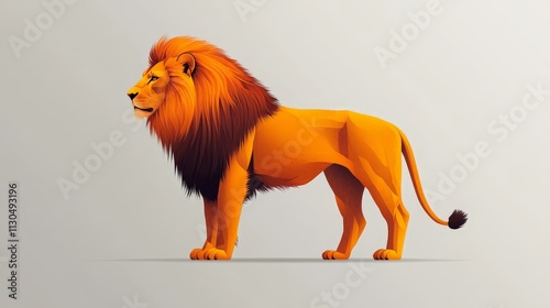 A flat, 2D vector illustration of a lion standing in profile, minimalist design, bold clean lines, on a white backgroundLion enjoying nature at sunset in a cute cartoon style