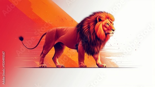 A flat, 2D vector illustration of a lion standing in profile, minimalist design, bold clean lines, on a white backgroundLion enjoying nature at sunset in a cute cartoon style