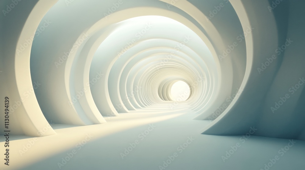 Fototapeta premium Geometric circular infinity tunnel, minimalist style, soft gradient lighting, abstract 3D render