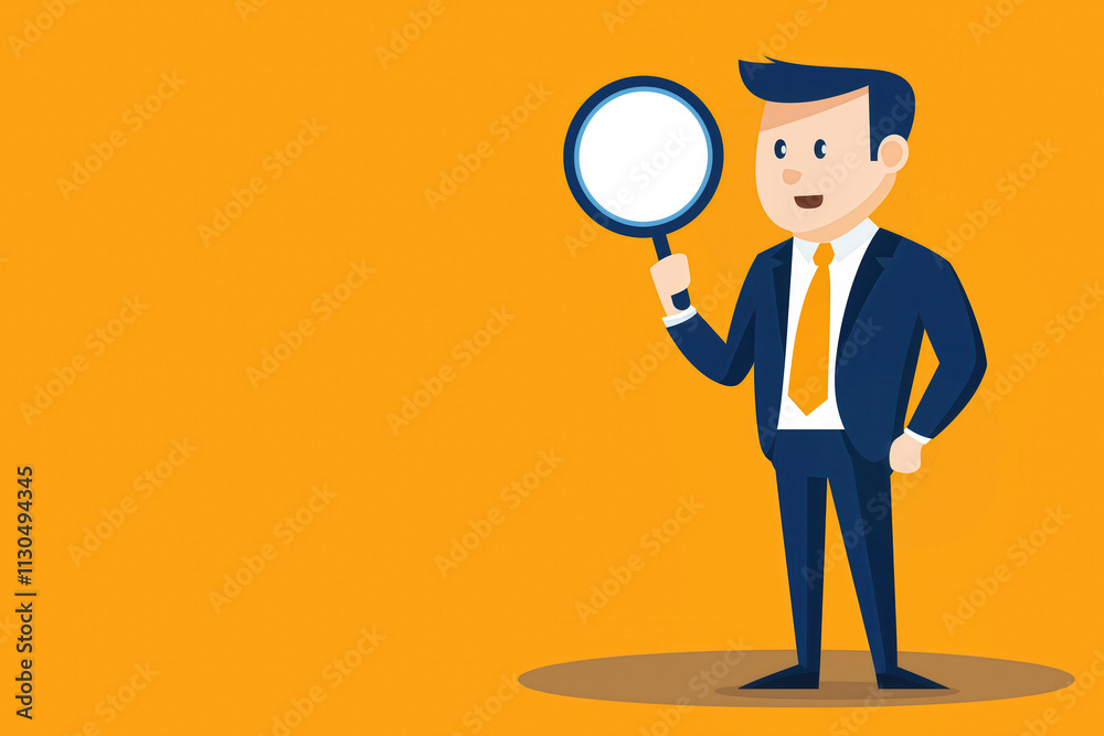 Smiling businessman holding a magnifying glass in a blue suit and orange tie, standing on a minimal orange background, symbolizing analysis. Smiling businessman holding a magnifying glass in a blue suit and orange tie, standing on a minimal orange background, symbolizing analysis.