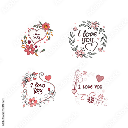 A charming "I Love You" typography design featuring floral elements and heart decorations, perfect for expressing love in a decorative vector art style.