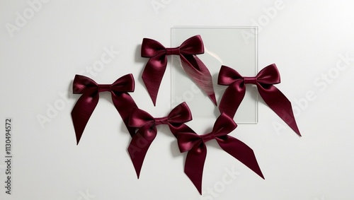 Four sleek, intricately tied maroon bows with subtle sheen and delicate texture are arranged artfully on a crisp, plain white background, which provides a clean and neutral contrast to the rich, deep 
