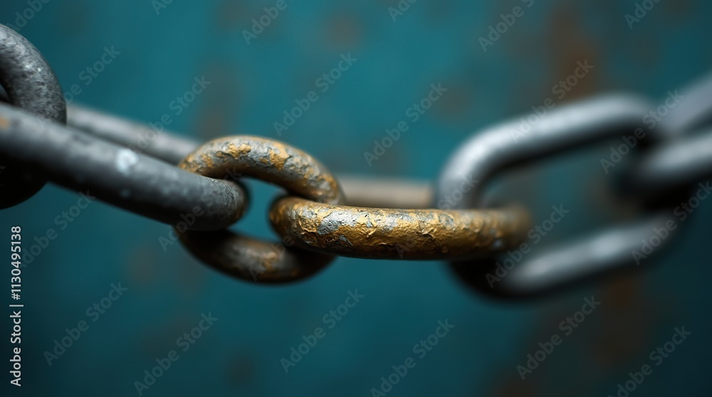 Fototapeta premium Close-Up Of A Metal Chain Highlighting A Single Golden Link Among Silver