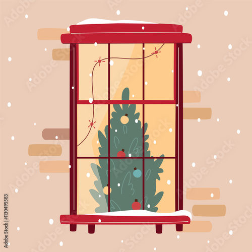 Christmas window with lights and decorated x-mas tree. Snowfall, warm Christmas or New Year atmosphere. Cozy winter evening. Vector illustration