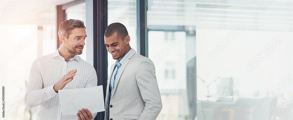 Fototapeta premium Banner, businessmen and document for review, collaboration and advice as feedback in office. Male people, paperwork and discussion with teamwork, lens flare and conversation as leadership for company